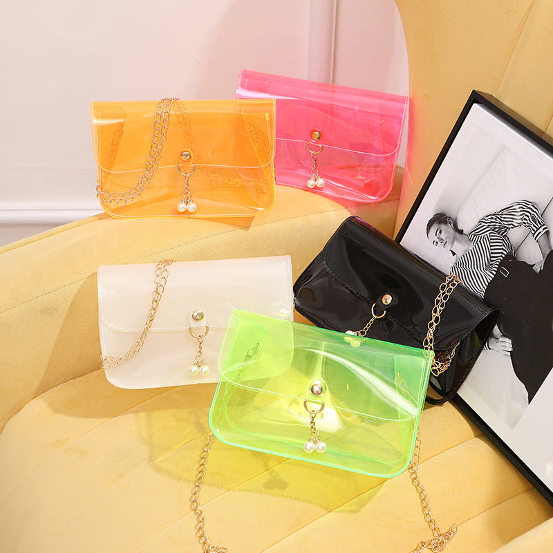 Women Fashion Simple Transparent Clear Acrylic Pearl Pendant Chain Messenger Mini Bag