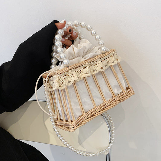 Women Pastoral Pearl Design Solid Color Woven Shoulder Handle Bag Beach Bag