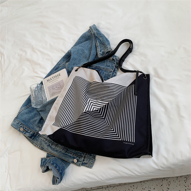 Sac fourre-tout décontracté en nylon à motif rayé unique pour femme, grande capacité 