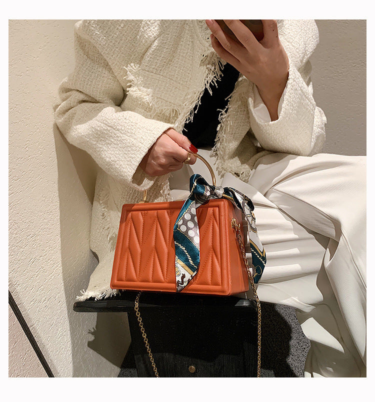 Women Fashion Elegant PU Silk Scarf Solid Color Square Chain Shoulder Clutch Bag