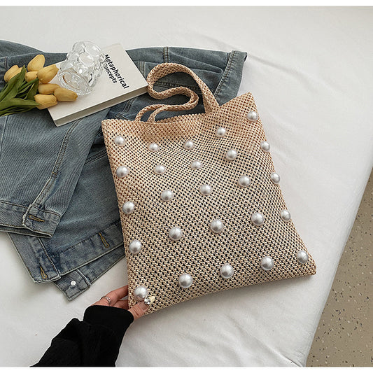Sac fourre-tout à bandoulière en paille tissée et perles pour femme, grande capacité, tendance et décontracté 