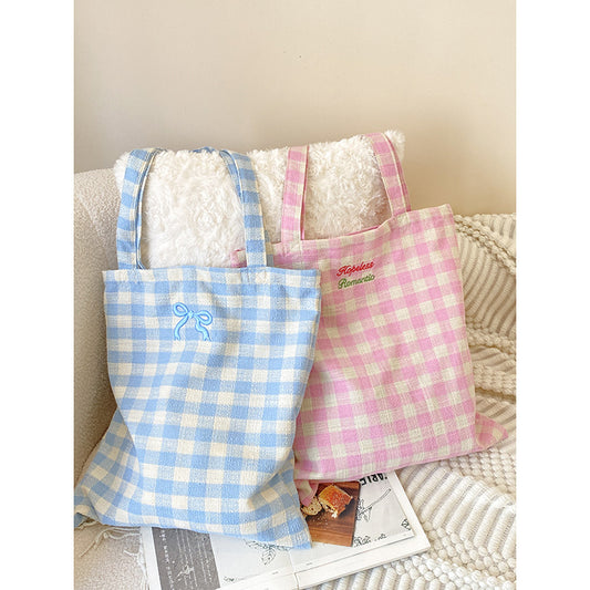 Women Fashion Plaid Colorblock Large Capacity Canvas Shopping Tote Bag
