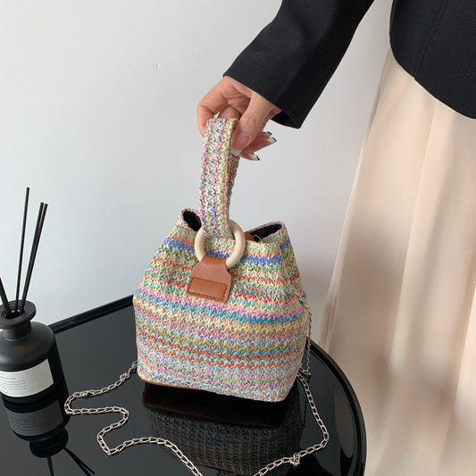 Sac seau en paille multicolore rétro pour femme 