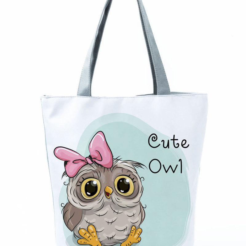 Simple White Creative Cartoon Owl Print Shopping Bag
