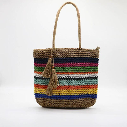 Women Fashion Boho Rainbow Colorful Vacation Woven Shoulder Bag