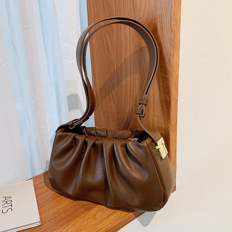Women Fashion Retro Solid Color Pleated Shoulder Bag