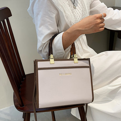 Women Chic Letter Embossing Color Blocking Large Capacity PU Handle Bag