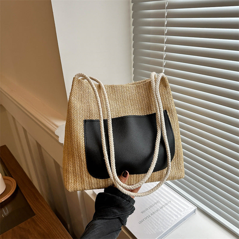 Women Summer Simple Straw Woven Large Capacity Shoulder Tote Bag