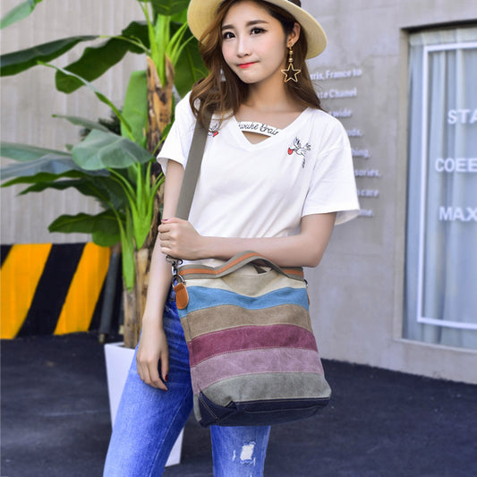 Women Fashion Casual Stripe Color Blocking Large Capacity Handheld One Shoulder Canvas Bag