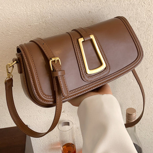 Women Vintage Buckle Design Solid Color Baguette Shoulder Handle Bag