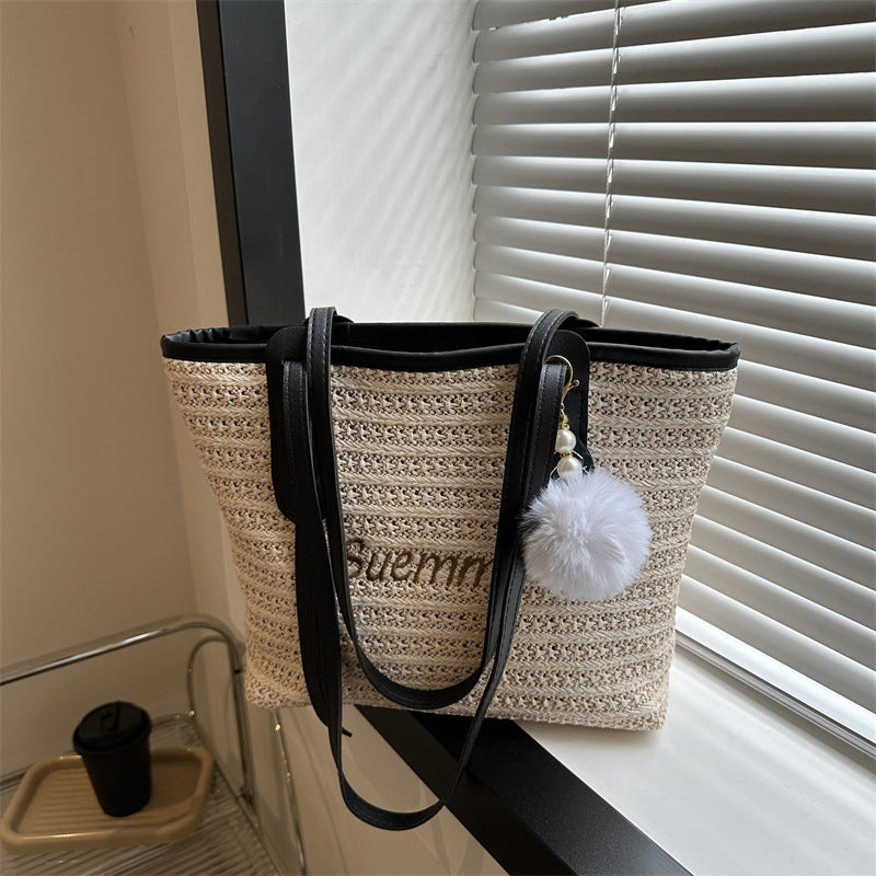 Summer Women Fashion Letter Woven Plush Pendant Large Capacity Tote Bag