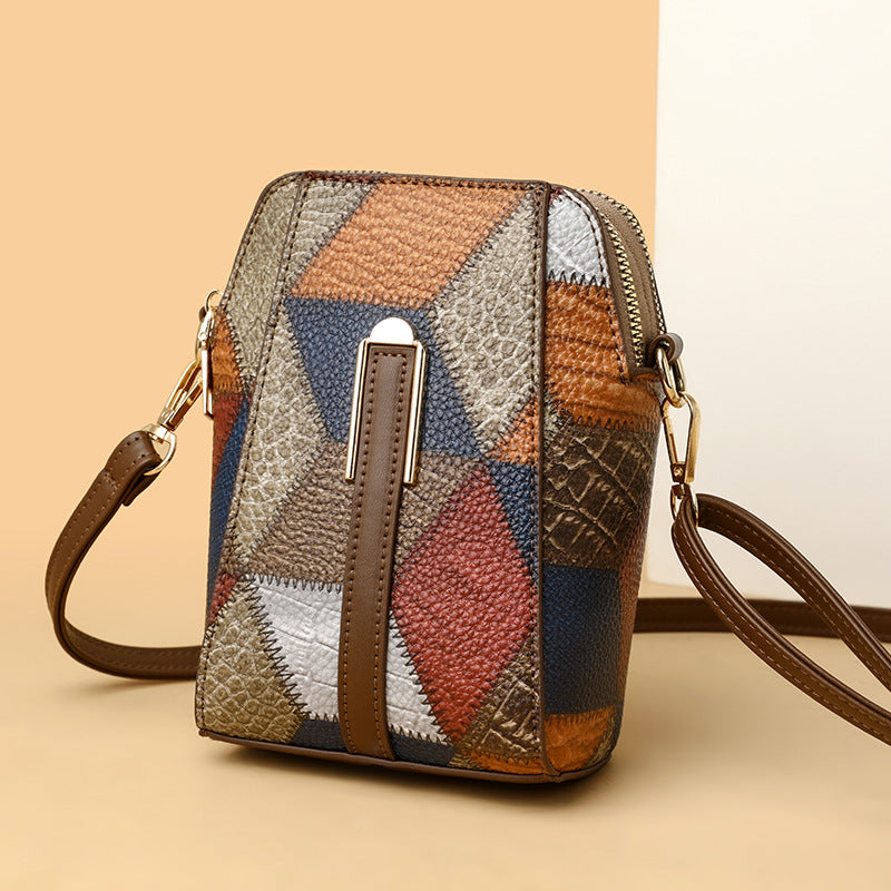 Sac à bandoulière en PU à motif patchwork de diamants et blocs de couleurs irréguliers pour femmes 