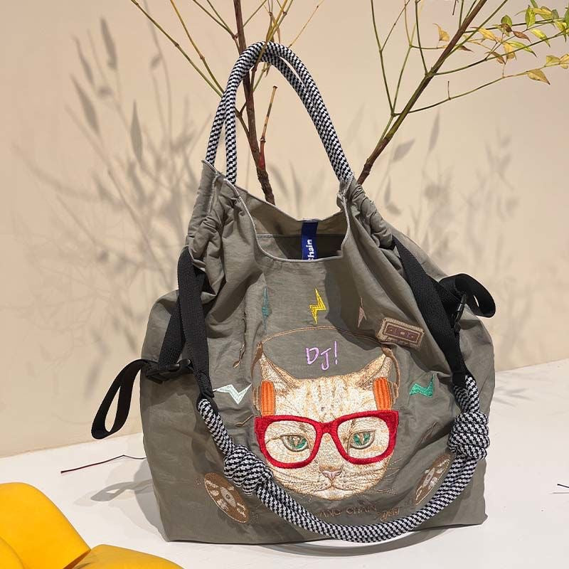 Women Fashion Nylon Embroidered Large Capacity Canvas Shopping Bag