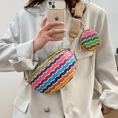 Summer Women Fashion Ethnic Style Color Block Straw Woven Crossbody Chest Bag