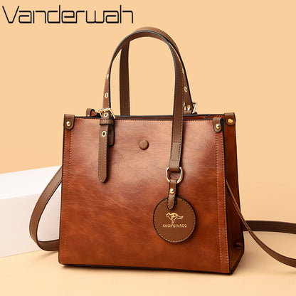 Women Casual Pendant Design Solid Color Large Capacity PU Handle Bag