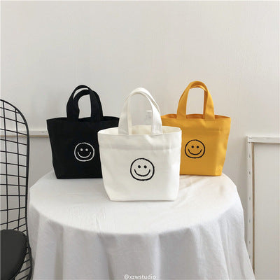 Simple Solid Color Smiley Print Canvas Shopping Bag