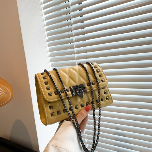 Women Simple And Fashionable Studded Flap Lock Square Chain Crossbody Bag