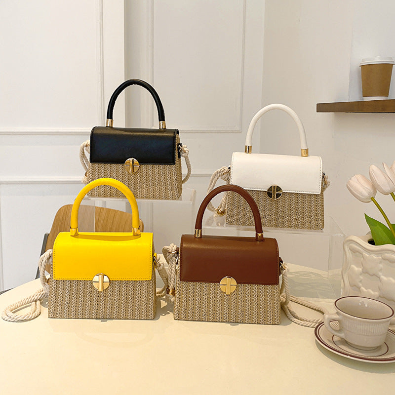 Sac à bandoulière carré en paille tissée à rabat pour femme, simple, avec poignée en corde de chanvre, pour l'été 