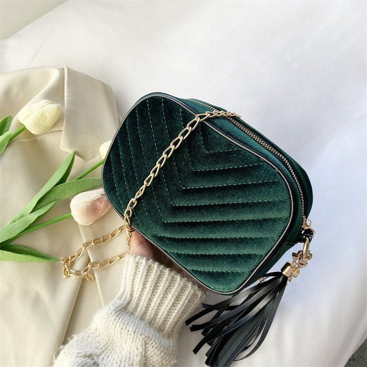 Women Chic Chain Stitching Design Solid Color Tassel Decoration Crossbody Bag