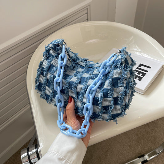 Sac à main en denim à carreaux et patchwork pour femme 