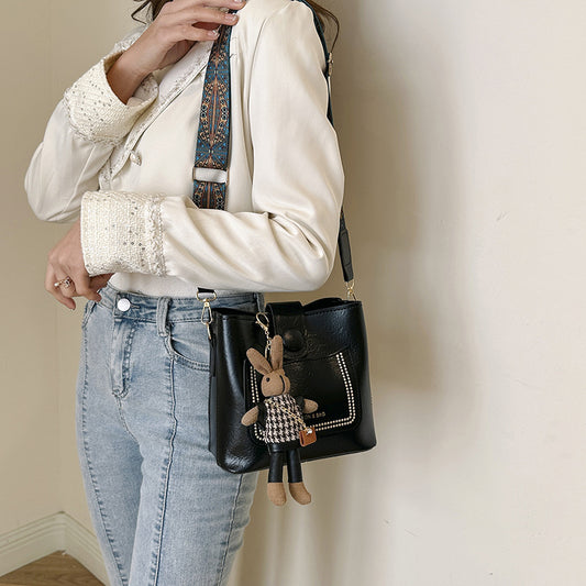 Women Fashion Casual Solid Color Bucket Rabbit Pendant Shoulder Bag