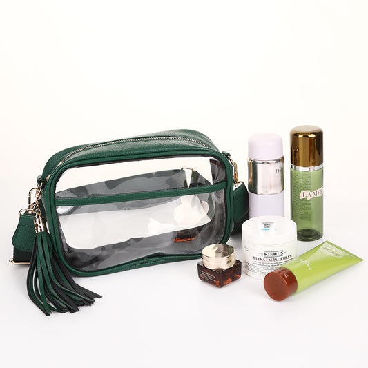 Sac à bandoulière transparent en TPU pour femme, simple et portable, avec pompon et fermeture éclair