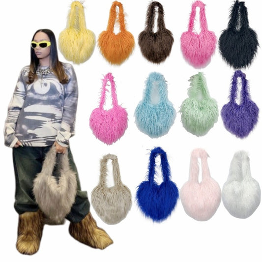 Sac à bandoulière en peluche en forme de cœur pour femme, mignon et tendance, couleur unie, hiver 