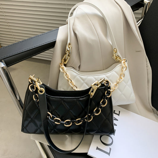 Women Trendy Chain Decorative Rhombus Stitching Solid Color PU Underarm Bag
