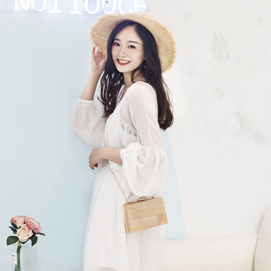 Women Simple Wooden Retro Chain Shoulder Clutch Bag