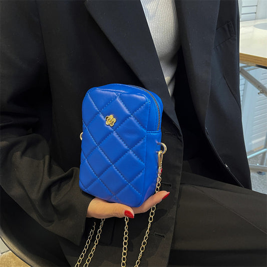 Women Mini Basic Flower Decoration Zipper Design Rhombus Stitching Solid Color PU Crossbody Bag