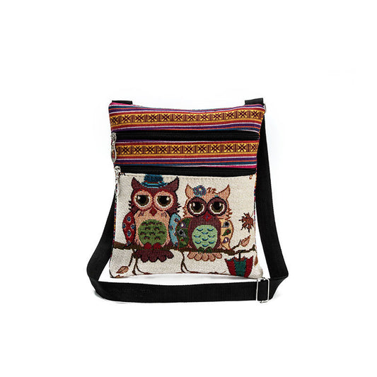 Women'S Ethnic Double Zip Owl Print Shopping Bag