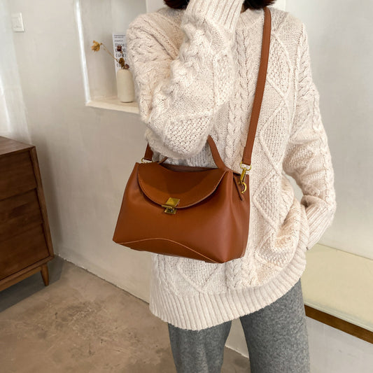 Women Fashion Solid Color Large Capacity Flap Lock PU Crossbody Bag