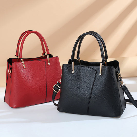 Women Fashionable Simple Litchi Pattern Large Capacity PU Handle Shoulder Bag