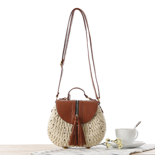 Women Fashion Simple Vacation Beach Straw Woven Color Block Tassel Zipper Flap Shoulder Bag