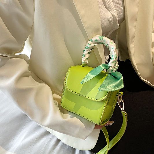 Women Fashion Flap Buckle Design Silk Scarf Decoration Solid Color Pu Crossbody Mini Bag