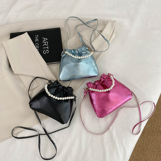 Sac à bandoulière en PU de couleur unie avec cordon de serrage décoratif et perles pour femme 