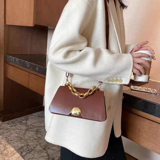 Women Vintage Chain Flap Buckle Design Solid Color PU Crossbody Bag