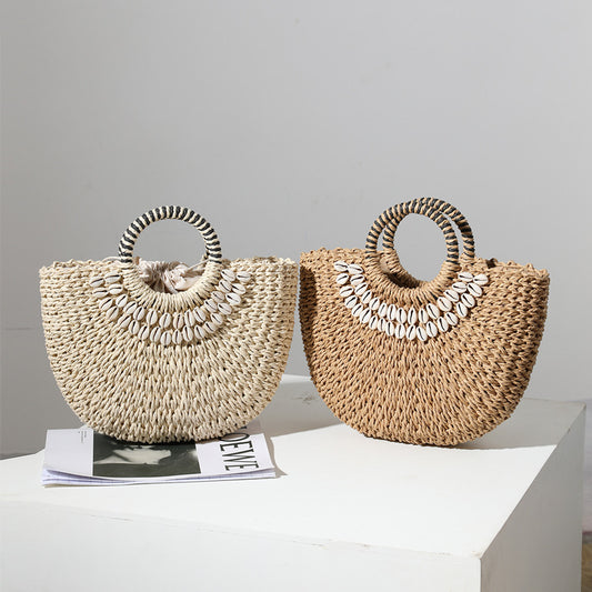 Vacation Beach Vintage Semi-Round Shell Woven Straw Handbag