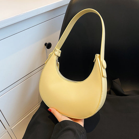 Sac à bandoulière demi-cercle en PU pour femme, simple et tendance, couleur unie, avec fermeture éclair 