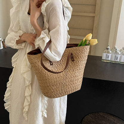 Sac fourre-tout décoratif en soie tissée et paille pour femme, fourre-tout à bandoulière de grande capacité, tendance et tendance, été 