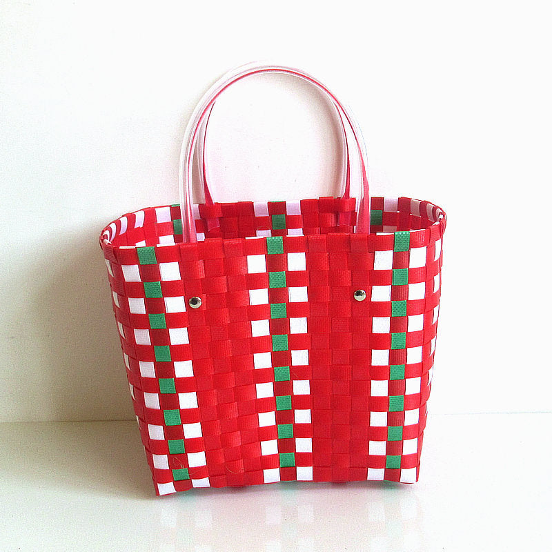 Vegetable Basket Straw Woven Waterproof Beach Women Casual Design Color Blocking Large Capacity Shoulder Handle Bag