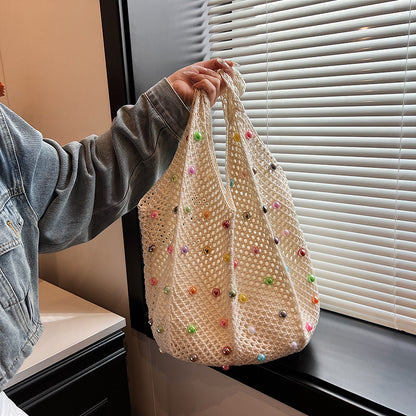 Summer Vacation Women Mori Style Soft Girl Fashion Hollow-Out Pearl Large Capacity Shoulder Woven Bag