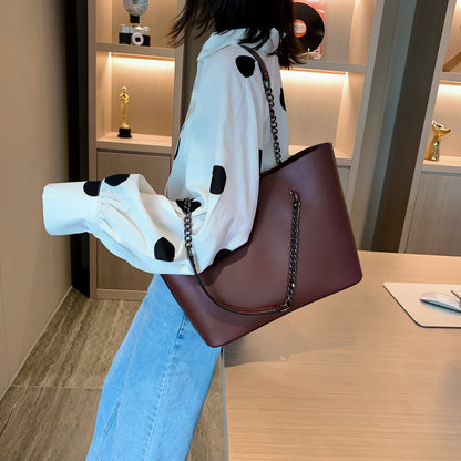 Women Casual Chain Design Solid Color Large Capacity PU Tote Bag