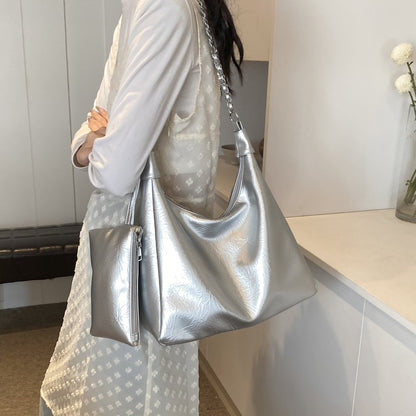 Women Fashionable Solid Color Large Capacity Zipper Shoulder PU Tote Bag