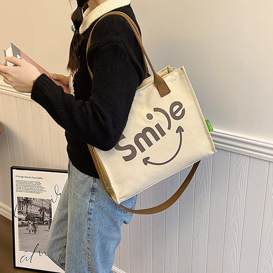 Autumn And Winter Letters Contrast Canvas Shoulder Bag Women'S Large Capacity Casual Tote Bag Smiley Printed Canvas Bag