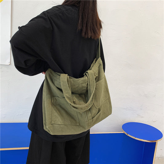 Women Casual Multi Pocket Design Solid Color Large Capacity Shoulder Handle Tote Bag