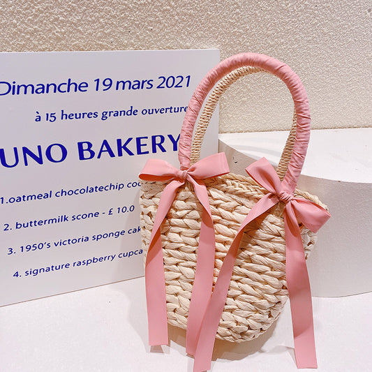 Bohemian Style Holiday Fashion Bow Woven Straw Handbag