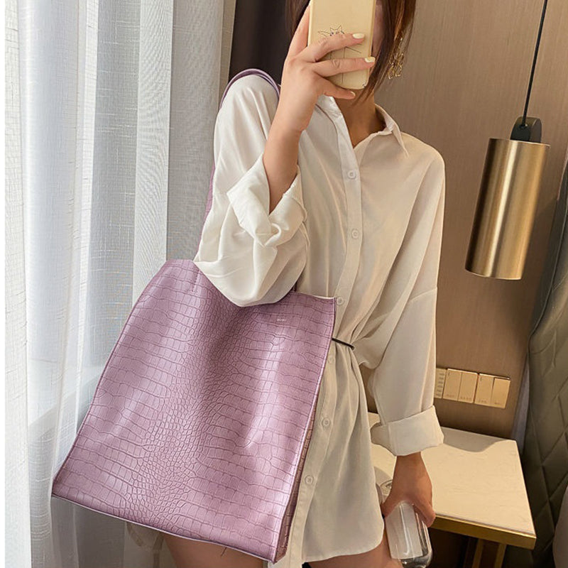 Women Fashion Basic Crocodile Pattern Large Capacity PU Shoulder Bag