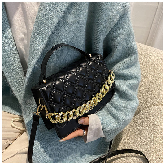 Women Fashion Thick Chain Rhombus Stitching Design Solid Color PU Crossbody Bag