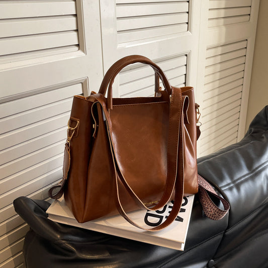 Women Fashion Solid Color Wide Strap Large Capacity PU Handle Shoulder Bag